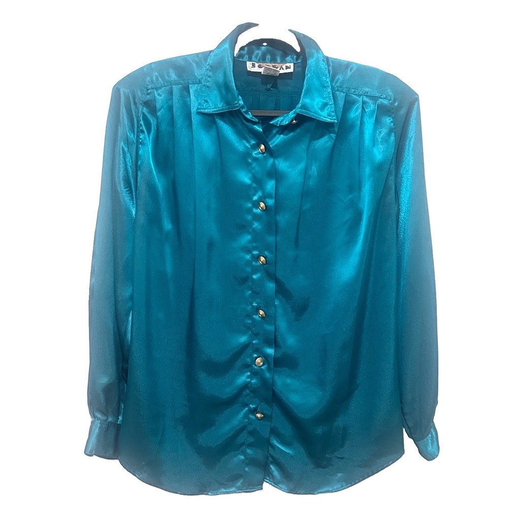 Vintage Jordan Shiny Satiny Green/teal Blouse Gold Buttons Shoulder Pads!!!!